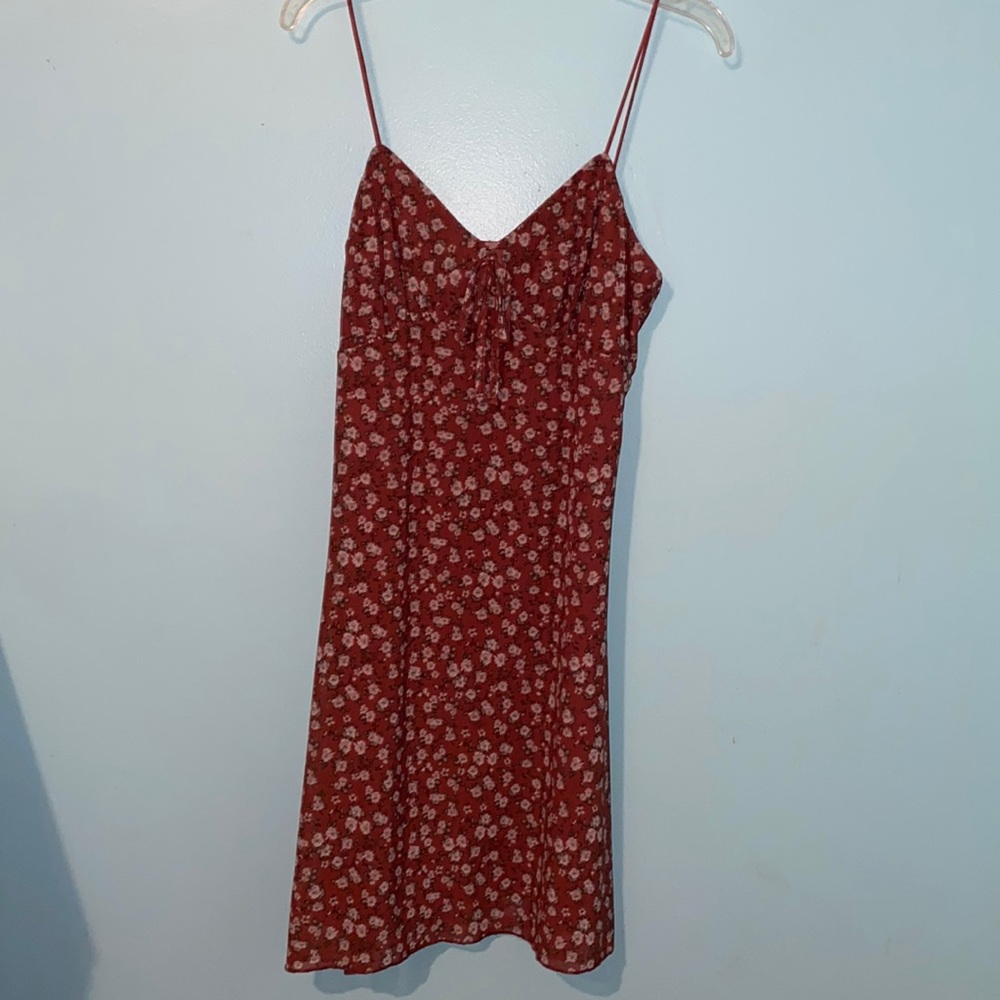 Spaghetti Strap Dress, color is pink/red with white flowers